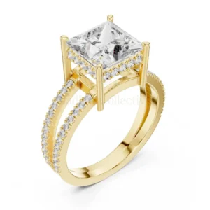 Princess Cut Diamond Ring for Women, 2 CT Split Shank Pavé Gold Engagement Gift