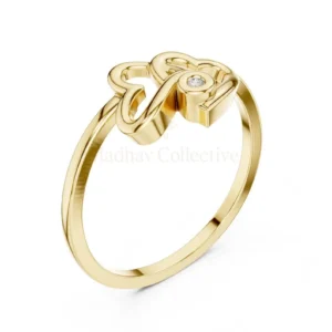 Boho Rings with Double Heart, Gold Engagement Gift Featuring Round Diamond